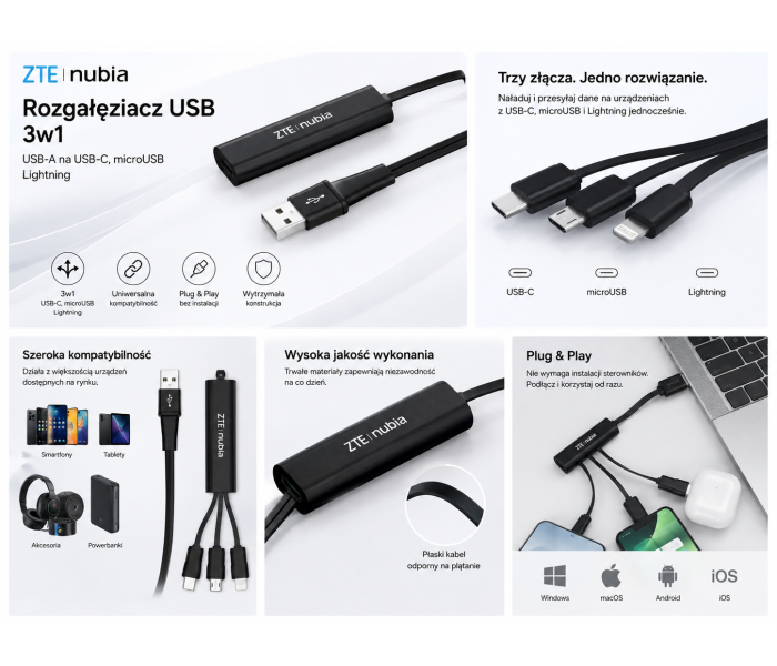 ZTE Nubia Rozgałęziacz USB 3w1 USB-C microUSB Lightning Szybkie Ładowanie